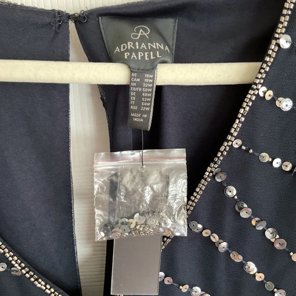 Adrianna‎ Papell Midnight Navy Sequin Beaded Popover Midi Dress 18W NWT